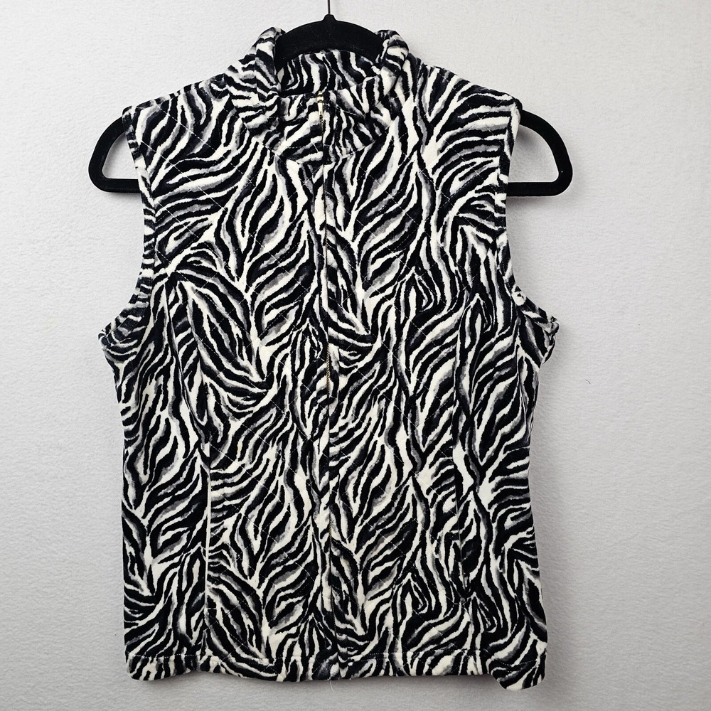 Charter Club Vest Woman's Size Small Black White Zebra Print Zip Up Quilted Vest